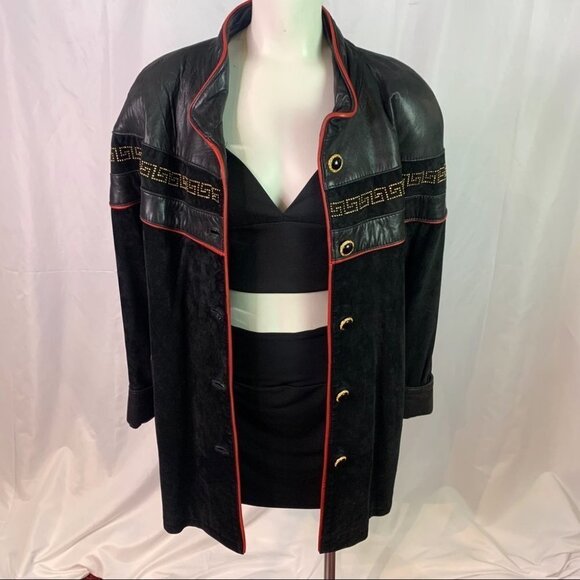 DI CAPRA INTERNATIONAL LEATHER JACKET WITH RED LEATHER TRIM GOLD BUTTONS LARGE - Picture 3 of 12